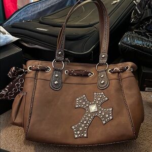 Brown Tote Bag with Embellished Cross